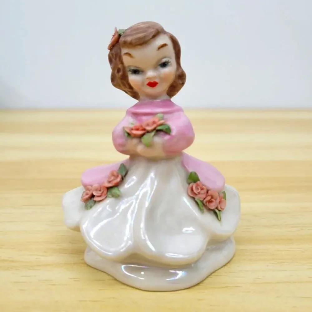 Vintage Pink & Lustery Girl with Applied Flowers Ceramic Figurine